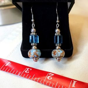 Aqua glass, enamel, silver and turquoise/acrylic earrings